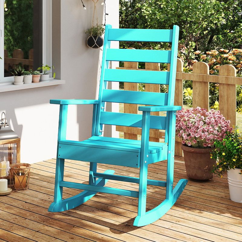 2 Pcs High Ladder Back Outdoor Rocking Chairs, Teal