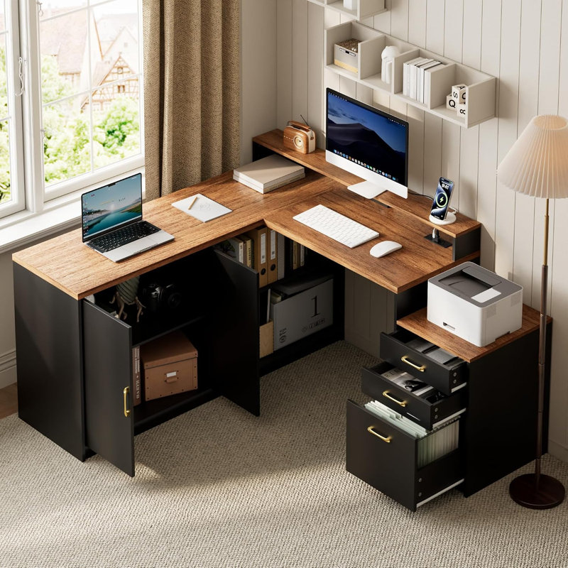 Bureau d'ordinateur en L avec support pour écran, station de charge et rangement, Black