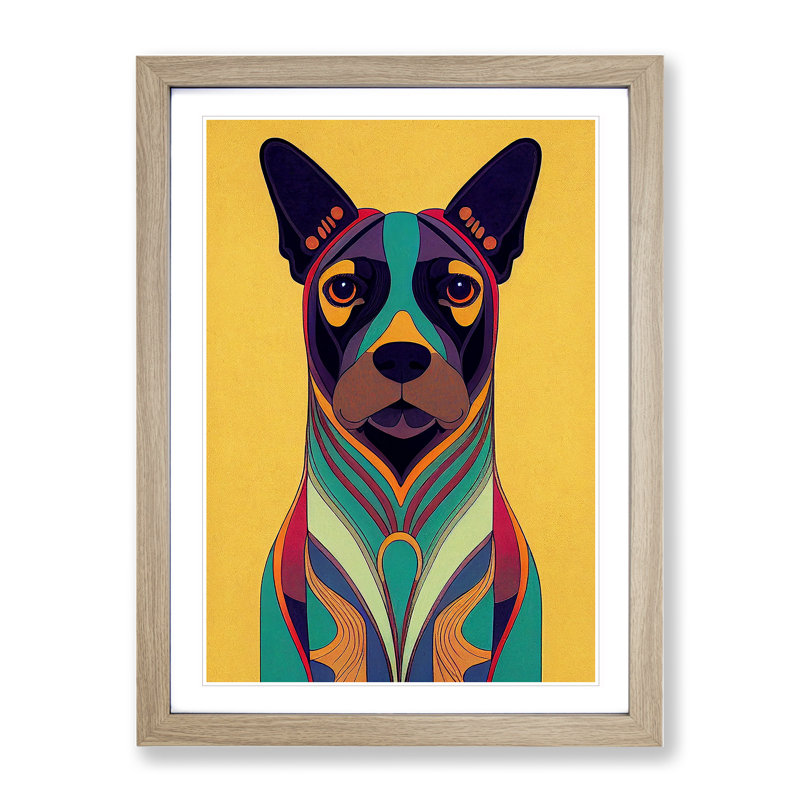 Dog Deco No.3 - Single Picture Frame Print, 64cm H x 46cm W x 2cm D, Oak