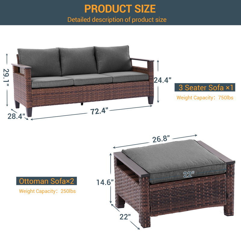 Schiess 3 Piece Patio Wicker Sofa Set with Ottomans, Black Gray