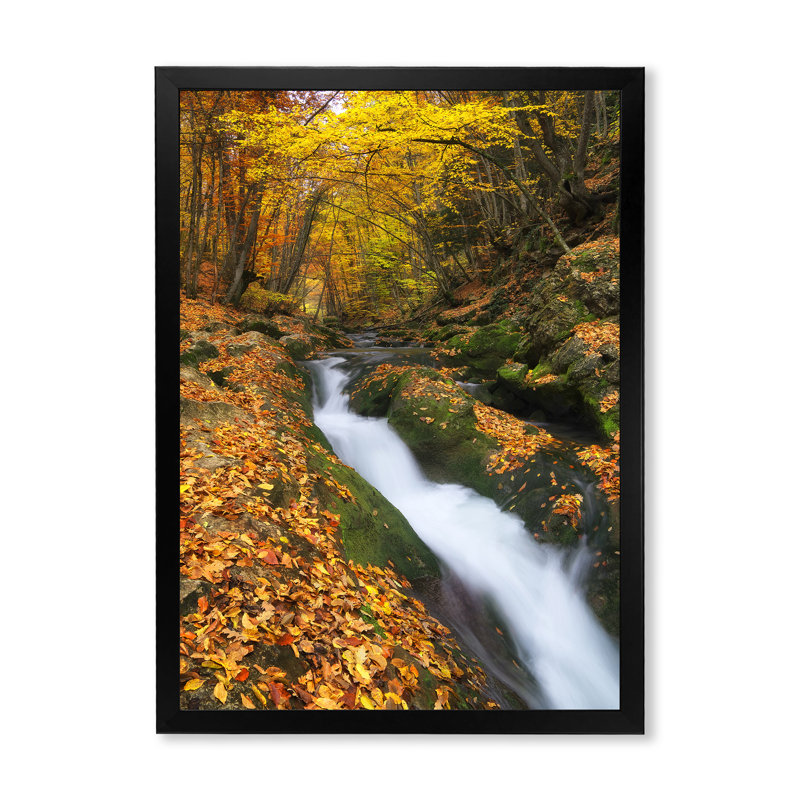 «Waterfall In Autumn Canyon», œuvre d'art traditionnelle sur toile, Cadre photo noir, H 20 po x l 12 po x P 1 po