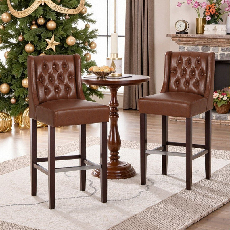 Tabouret de bar 2 pièces avec dossier rembourré et repose-pieds en métal, hauteur de comptoir de 30,5 pouces, Marron clair