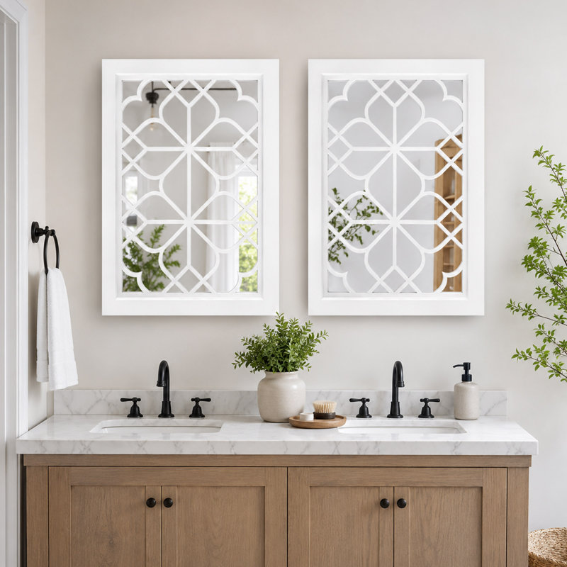 White Rectangular Wall Mirror Set of 2, Carved MDF Frame