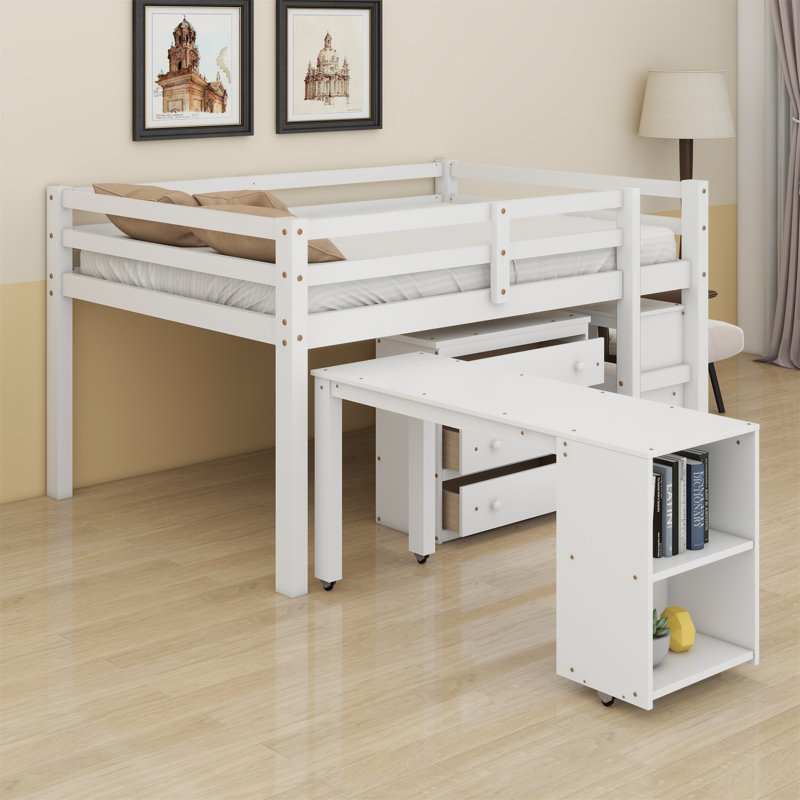 Lit mezzanine bas avec tiroirs, tablettes et bureau portatif à roulettes, Blanc