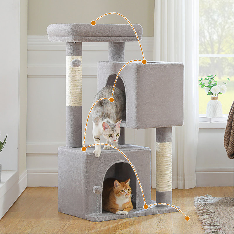 Arbre à chat L 43,3 po pour chat de taille moyenne à plus de 20 lb, 2 grottes spacieuses avec grattoir épaissi de 3,4 po, grand perchoir supérieur, 2 jouets interactifs