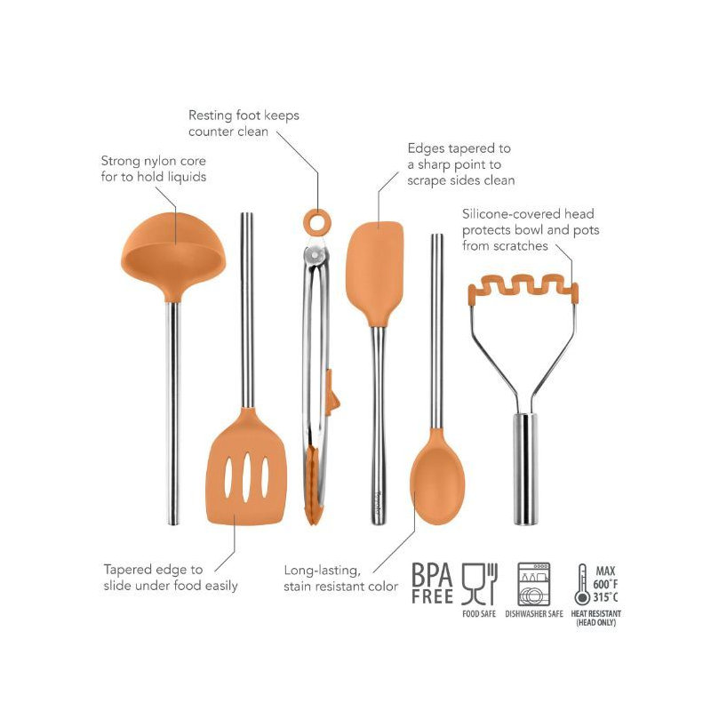 Silicone Utensil Set of 6 - Black, Apricot