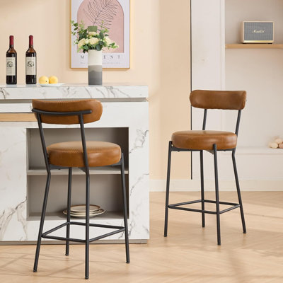 Ensemble de 2 tabourets de bar, tabourets de bar à hauteur de comptoir avec dossier et pédales, chaises de bar de 26 pouces de hauteur, style Mid-Century moderne, tabourets de bar en cuir pour salle à manger / îlot de cuisine / bar