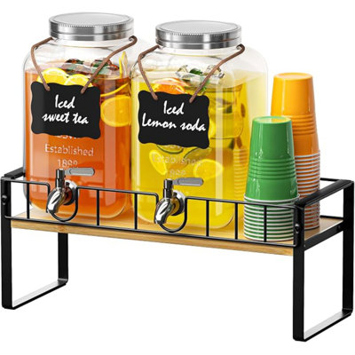 Lot de 2 distributeurs de boissons en verre de 3,8 litres avec robinet, support en bambou pour l'extérieur, idéal pour les fêtes. Distributeurs de limonade avec bac à glaçons intégré.