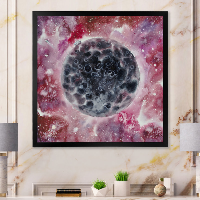 Illustration de lune noire et mauve - Art mural moderne et contemporain sur toile, Impression noire sur toile encadrée
