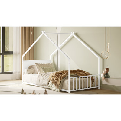 Lit simple avec toit et lumières colorées, cadre de lit en métal avec lattes et pieds, lit pour garçon, filles et jeunes adolescents, aucun sommier nécessaire (blanc)