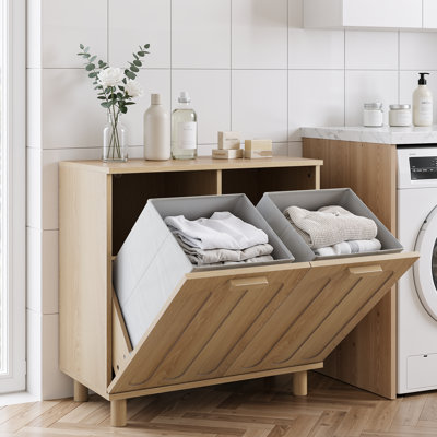 Meuble de rangement inclinable en chêne avec deux paniers amovibles - Station de rangement et de tri pour salle de bain autoportante