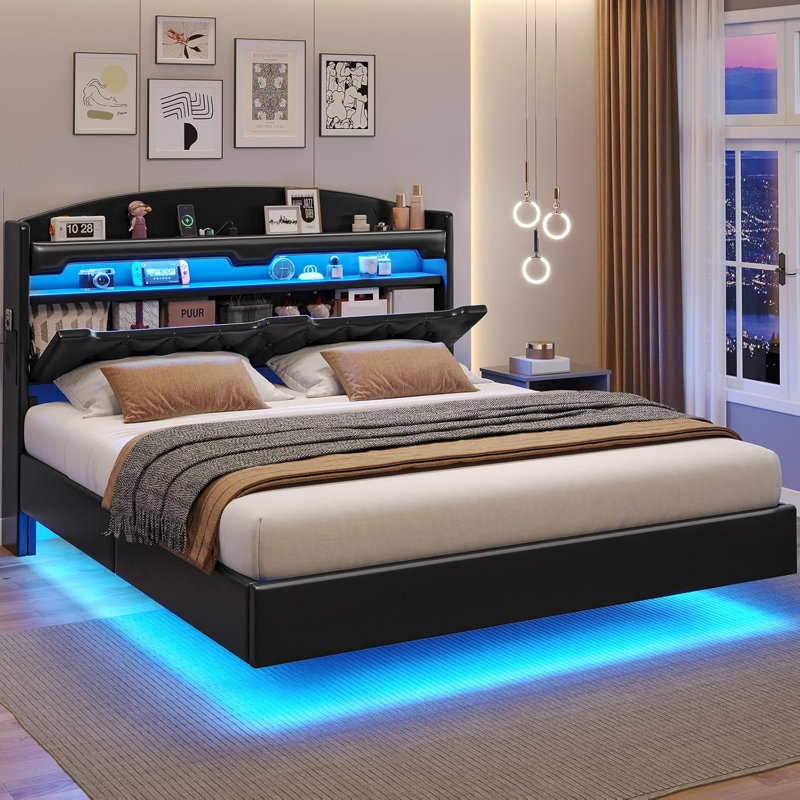 Base de lit flottante avec tête de lit cachée, base de lit à DEL flottante avec station de charge, lit plateforme tapissier en cuir avec rangement