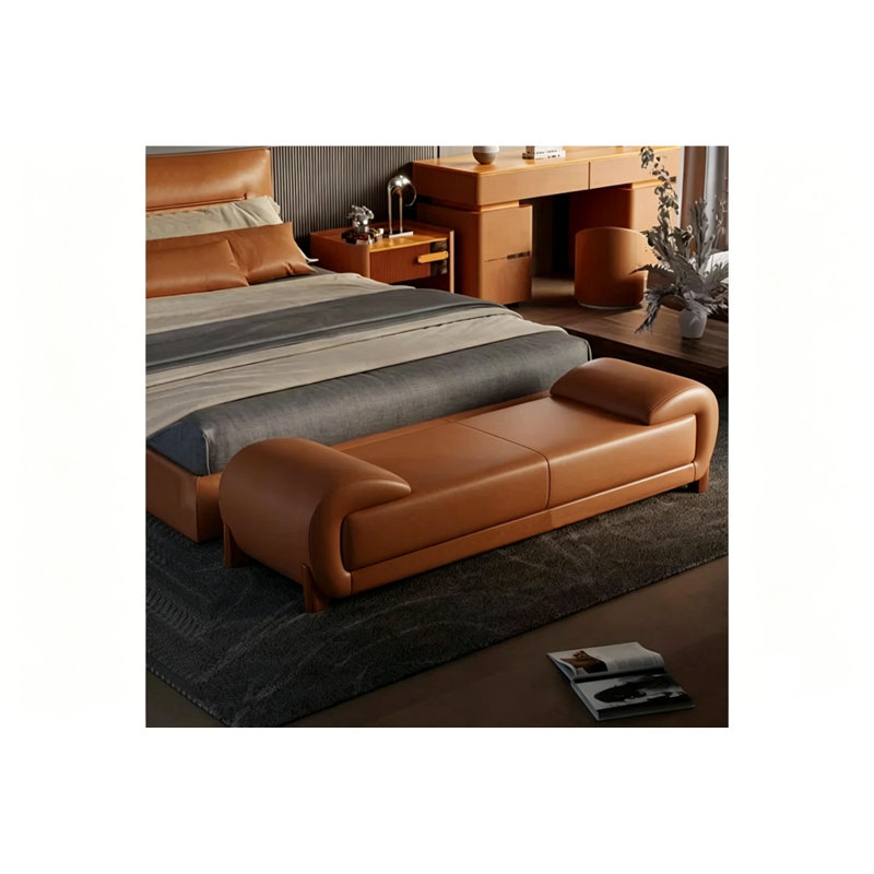 Banc rembourré en cuir véritable Sharella, H 17,71 po x l 70,86 po x P 19,68 po, Orange