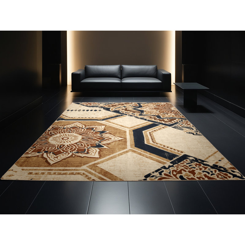 Tapis beige moelleux moelleux à motif de blocs d'inspiration mondiale, 2x5