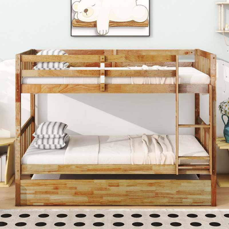 Lit simple superposé en bois d'hévéa simple avec lit gigogne, convertible en 2 lits simples avec échelle et garde-corps, chêne blanc