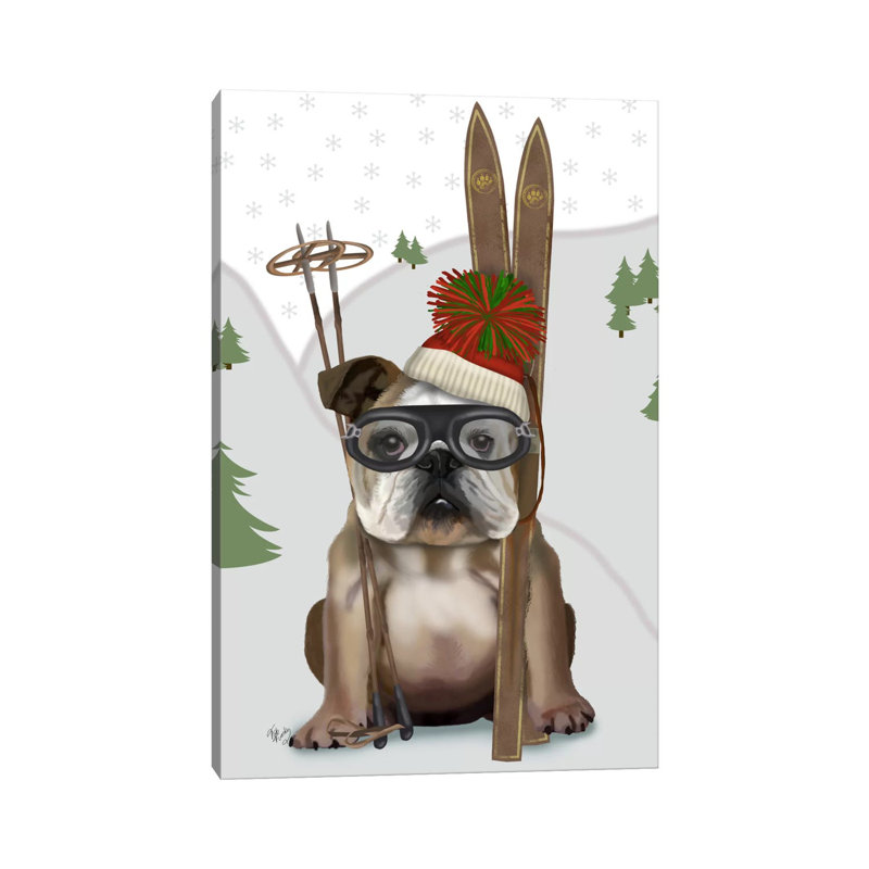 English Bulldog, Skiing by Fab Funky - Wrapped Canvas Print, 20.32 cm H x 30.48 cm W