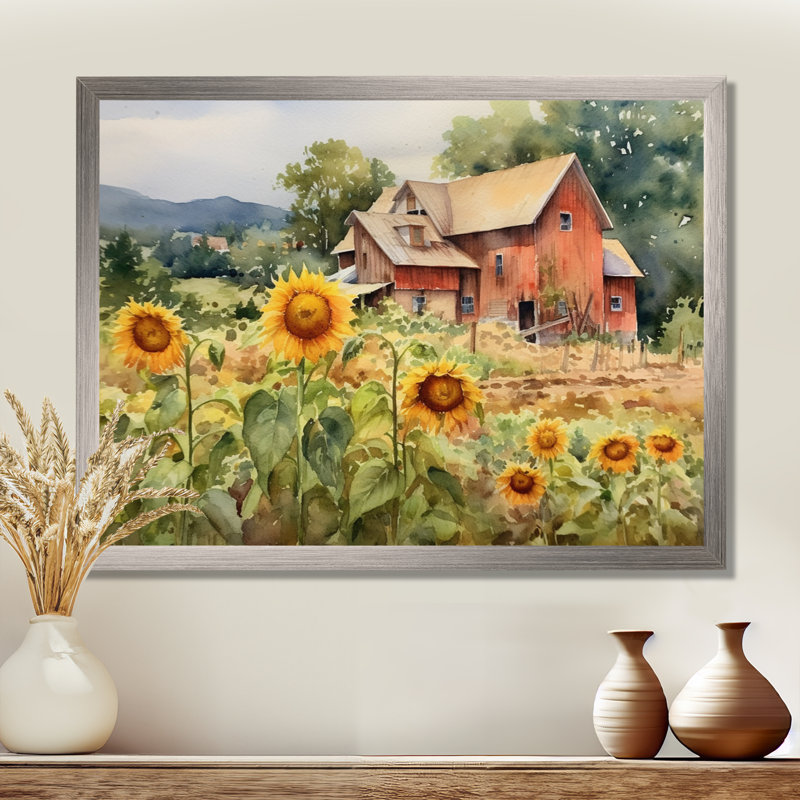 Tournesol doré à la ferme III - art mural floral, H 12 po x l 20 po x P 1 po, Cadre photo argenté