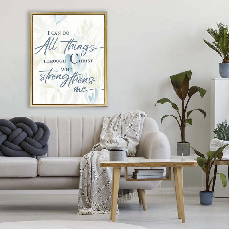 Cadre flottant «All Things Through Christ», design par Krinlox, H 31 po x l 25 po, Cadre flottant métallique doré