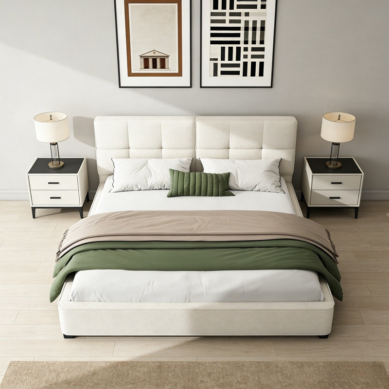 Lit plateforme tapissier très grand avec tête de lit capitonnée Maly, Beige Boucle