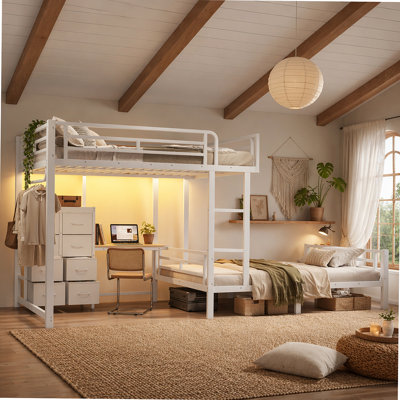 Lit double sur double avec 8 tiroirs de rangement, lit superposé intégré avec tablettes, lit superposé avec bureau d'étude, tringle à vêtements et clé USB amovible, cadre de lit en acier robuste pour enfants, adolescents, adultes, blanc
