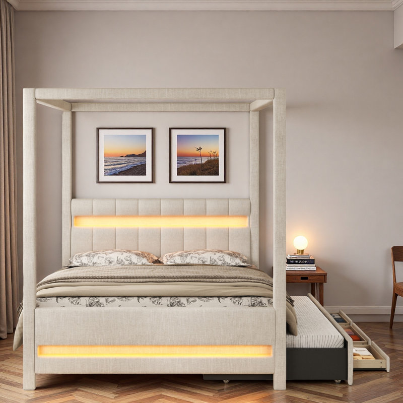 Lit plateforme à baldaquin avec lit gigogne coulissant, 3 tiroirs de rangement, tête de lit tapissier et lumières à DEL