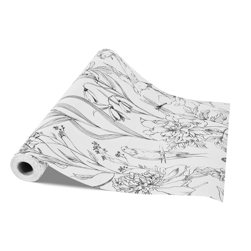 Papier peint à peler et coller, papier de contact de 17,7 po x 393,7 po, ligne blanche, botanique, motif floral, aquarelle, adhésif, facile à nettoyer
