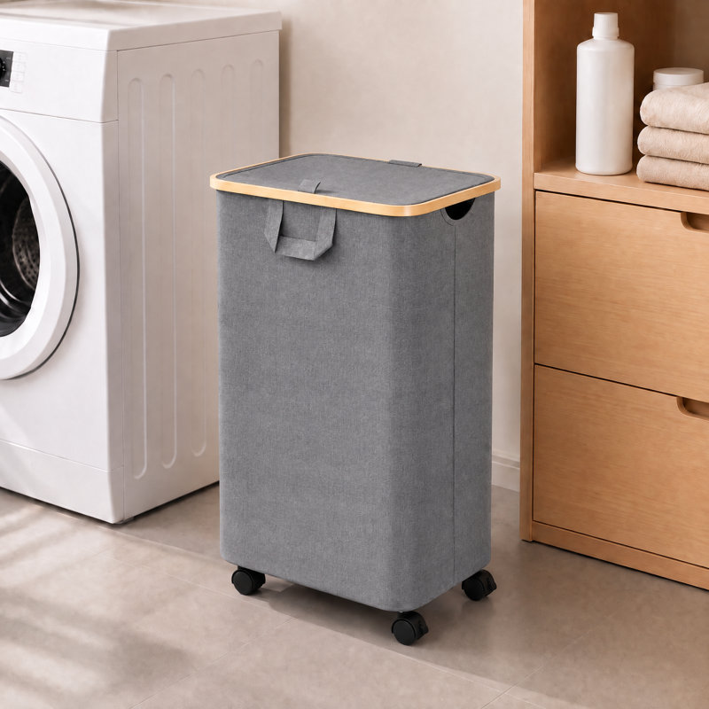 Panier à linge roulant avec couvercle et roulettes, grand panier à linge de 26 gallons (100 L) avec poignée en bambou, bac de rangement pour la chambre à coucher, la salle de bain, le dortoir et la salle de lavage