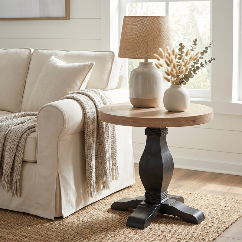 Sarcoline Solid Wood Round Pedestal End Table, Black/Driftwood