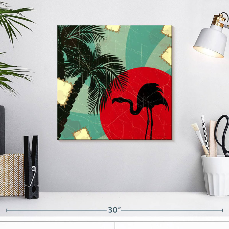 Flamant rose et palmier Brampt, H 16 po x l 16 po