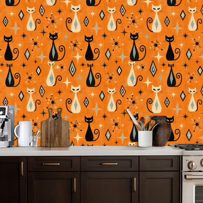 Papier peint adhésif peler et coller en PVC, revêtement mural auto-adhésif amovible avec imprimé de chat de style Mid-Century, imperméable pour la décoration intérieure - rouleau