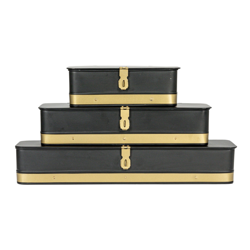 Long Decorative Metal Boxes with Lid, Black/Gold