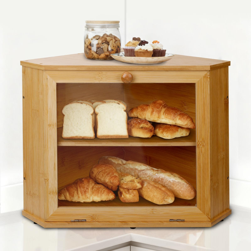 Boîte à pain de coin en bambou, rangement de pain à double couche avec fenêtre transparente, organisateur de pain en bois, (bambou)