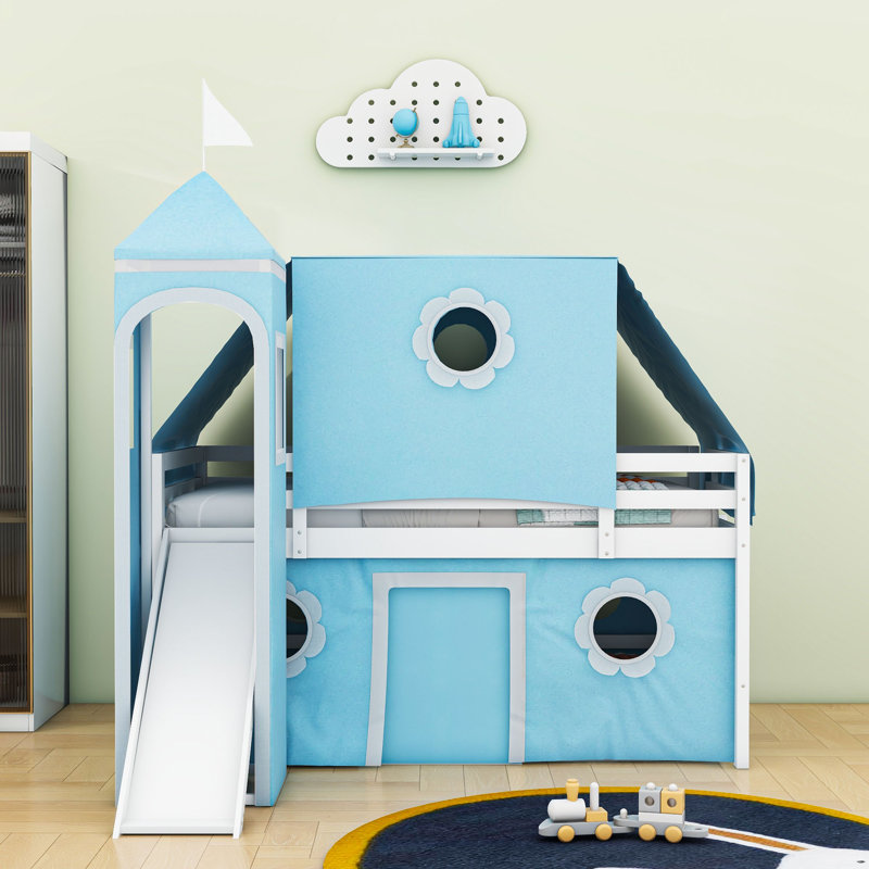 Lit mezzanine en bois avec toboggan, tente et tour, Bleu, Simple