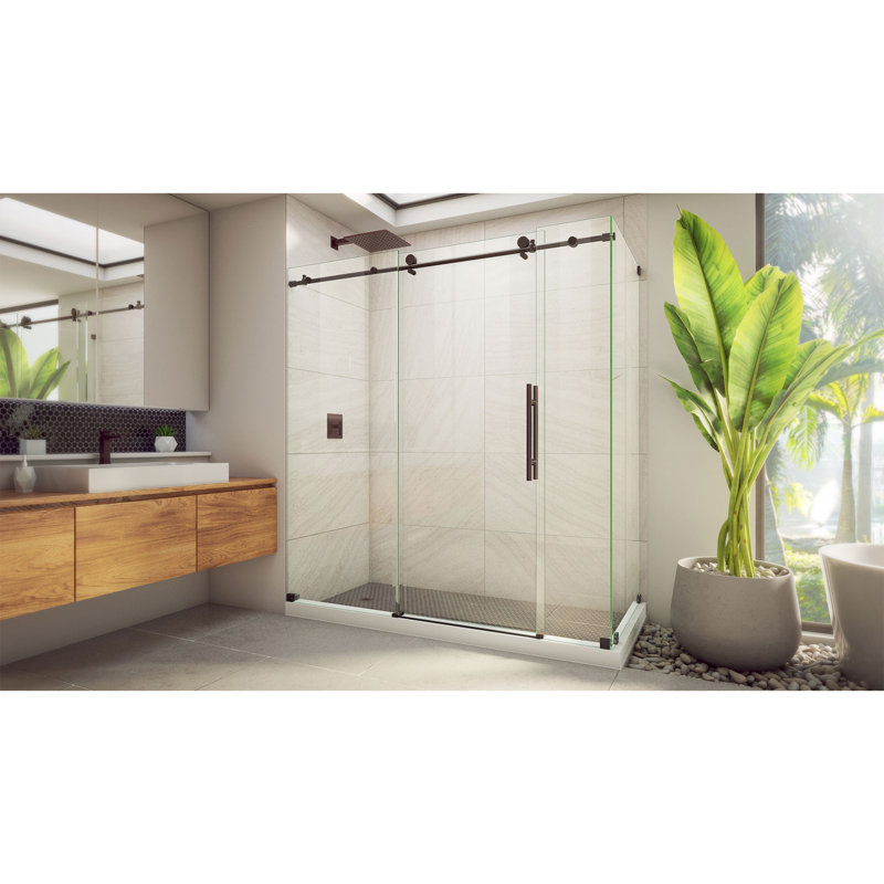 72.38" W x 34.5" D x 76" H Frameless Rectangle Sliding Shower Enclosure, Oil Rubbed Bronze