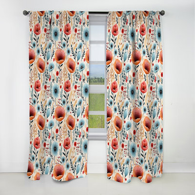 Blue and Coral Vintage Poppy Dreams - Rideau floral - Rideau occultant floral - 1 panneau
