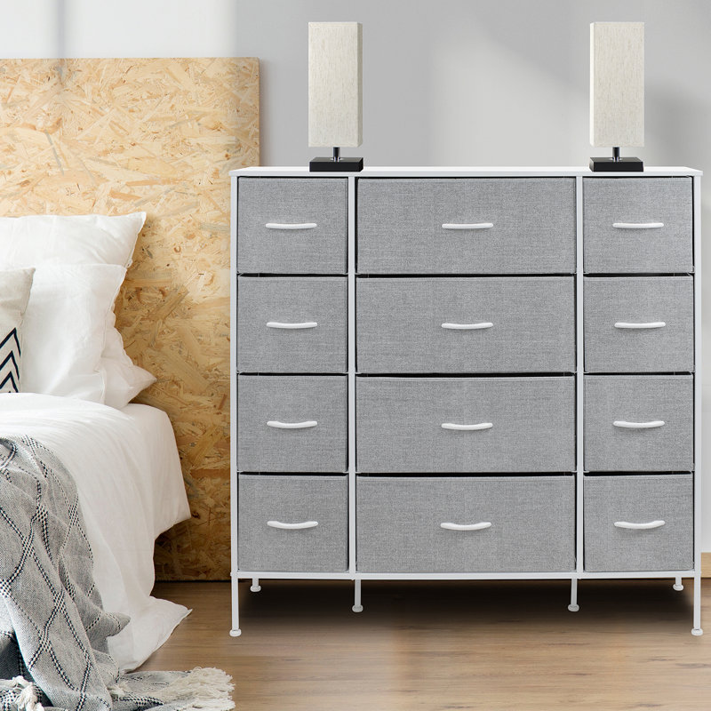 Sleek White 12-Drawer Organizer with Faux Wood Top and Steel Frame