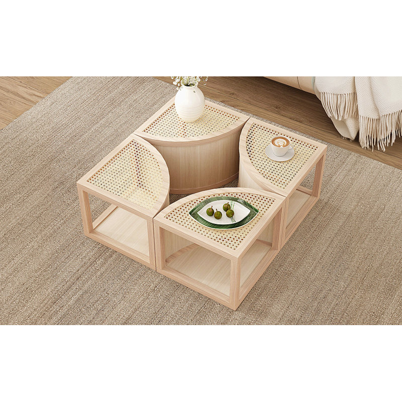 Round To Square Block Modular Coffee Table Light Natural Rattan With Storage 4 Piece
