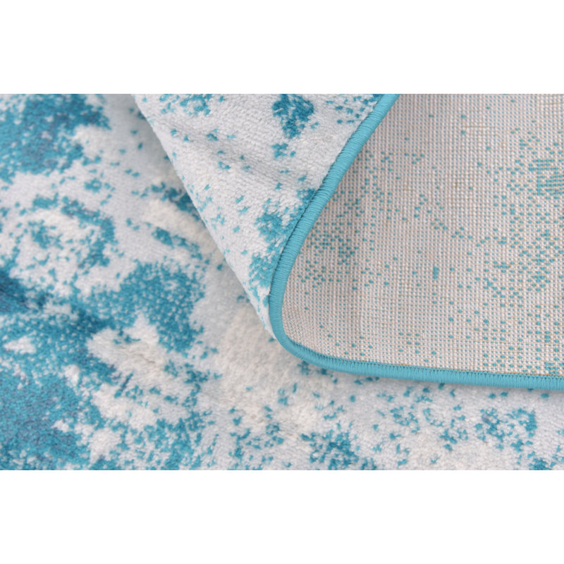 Tapis floral Brandt, Tapis de couloir 3 pi 3 po x 16 pi 5 po, Turquoise / blanc