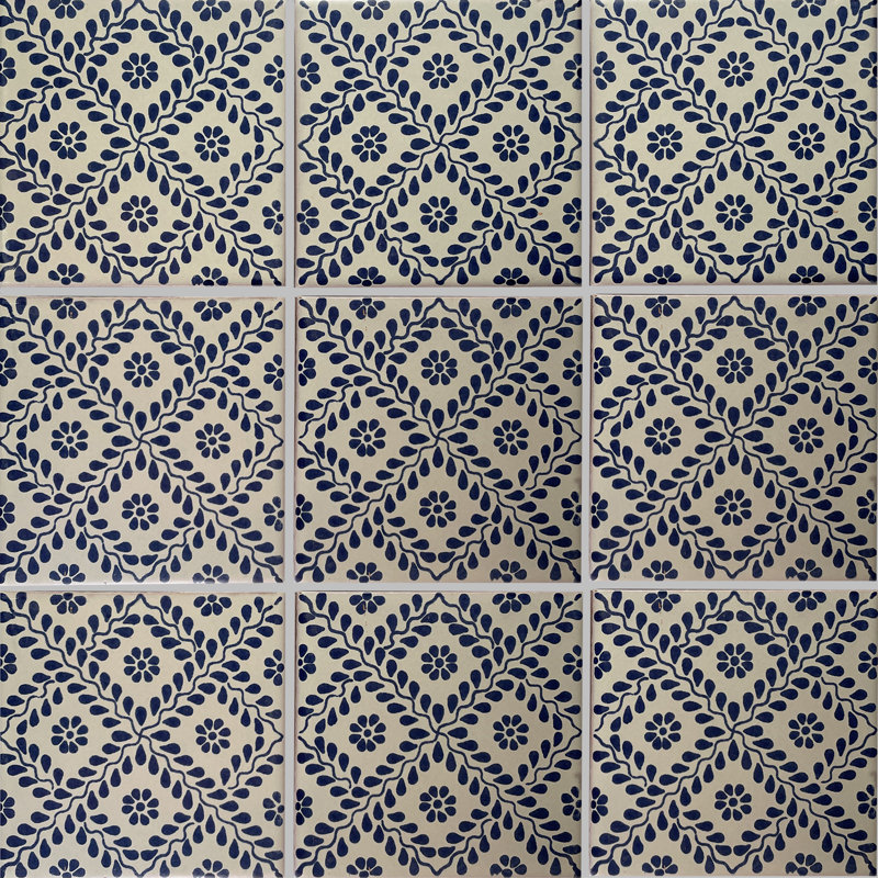 4.2" x 4.2" 9pcs TalaMex Meshed Blue Leaves Mexican Clay Tile Handmade Talavera Backsplash Mosaic