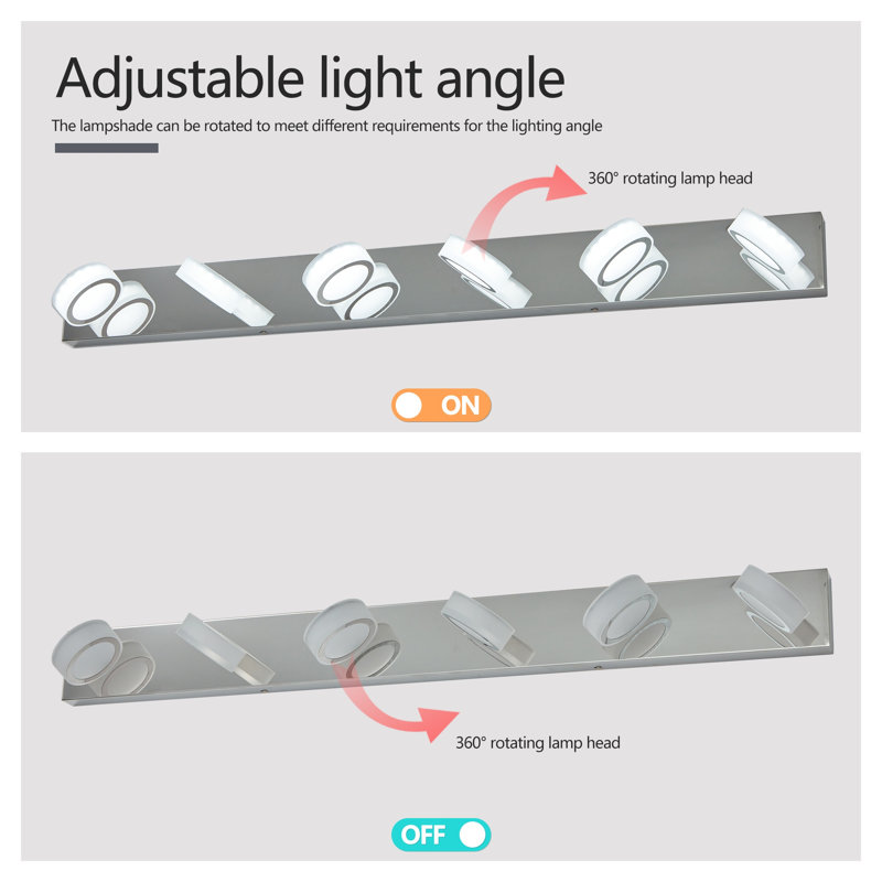 Luminaire de meuble-lavabo moderne à DEL chromé - applique murale de salle de bain rotative à 6 lumières pour miroir et douche, décor à économie d'énergie à intensité variable