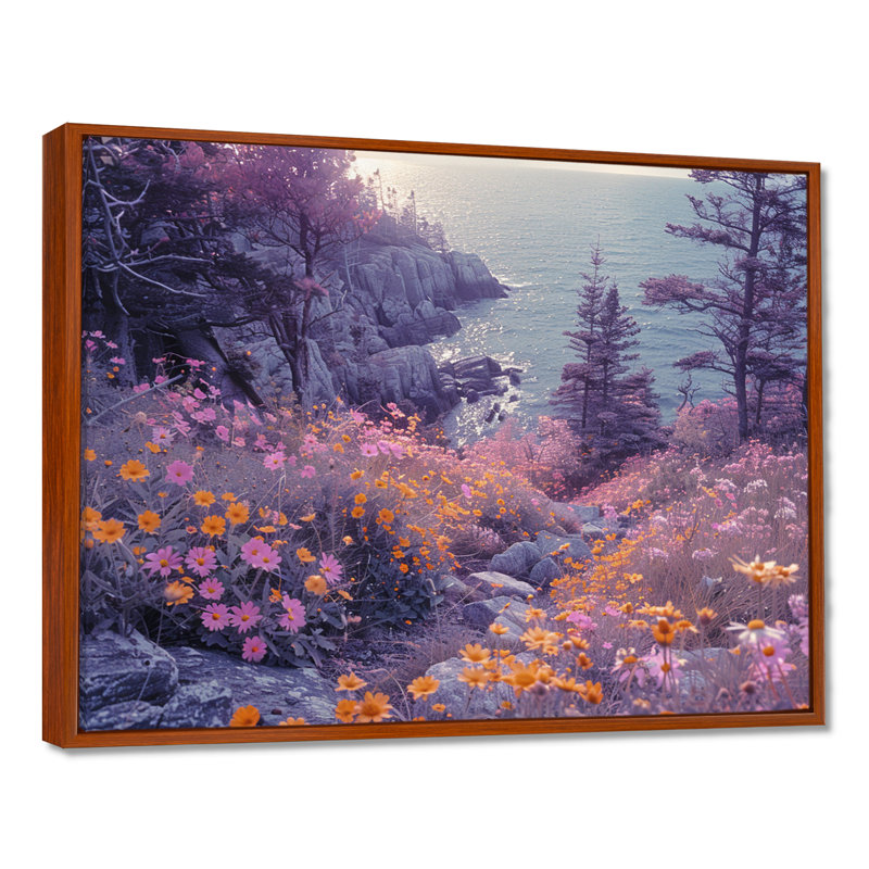 Fleurs mauves, sentier de montagne vers l'océan - impression d'art mural côtier, Toile avec cadre flottant brun