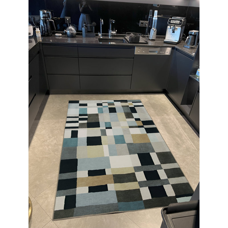 Tapis décoratif moderne à motif géométrique bleu-noir, Tapis de couloir 3 pi 3,37 po x 9 pi 10,11 po
