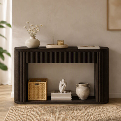Console ovale cannelée avec 2 tiroirs et tablette inférieure, table d'entrée en bois avec glissières en métal lisse pour le salon, entrée