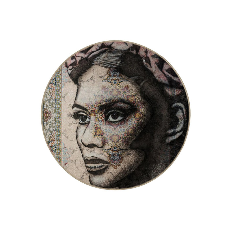 Black And Beige Woven Carpet With A Woman's Face And Ethnic Patterns, Round 5'
