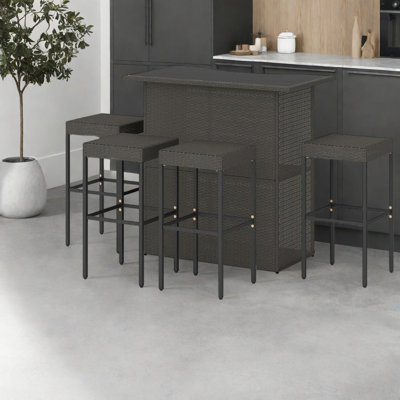 Durable Patio Bar Set, Dark Brown Rattan & Metal, Perfect For Backyard Entertaining