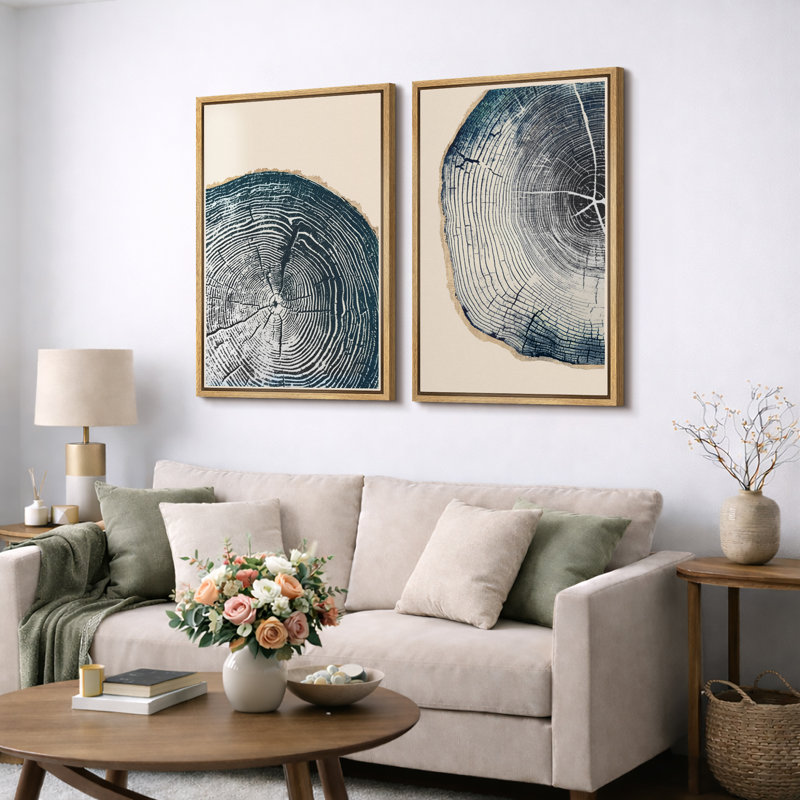 «Tree Ring», œuvre de souche en bois bleu marine, images murales simples et rustiques modernes, ensemble de 2 reproductions d'art sur toile, 16 x 24 x 2, 24 x 36 x 2