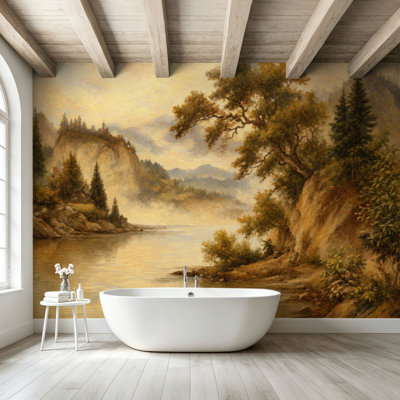 Papier peint adhésif pelez et collez, paysage d'automne serein, paysage de falaises rocheuses, tons chauds, art mural auto-adhésif et amovible