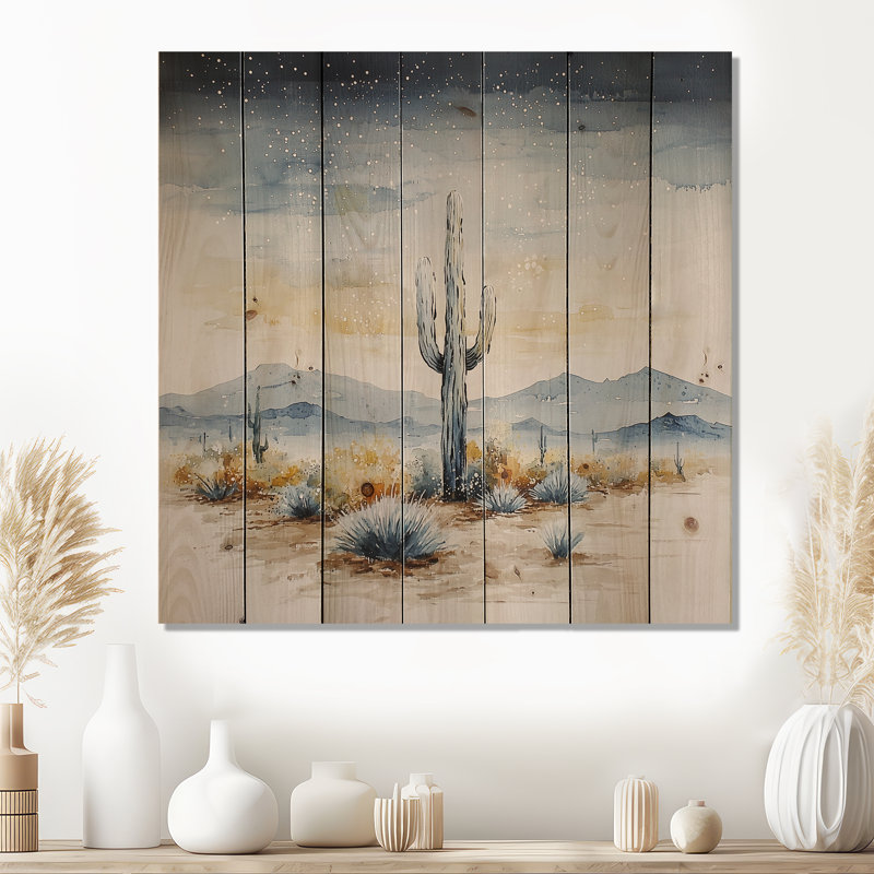Nuit étoilée au-dessus du désert II - cactus floral, impression sur bois de pin bleu naturel, 15" H x 15" W