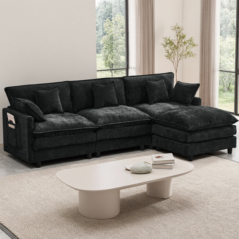101.9" L-Shaped Chenille Sectional Sofa with Movable Footstool, Cloud Couch with Foam & Spring Cushions, Modular 3-Seater Sofa for Living Room, Bedroom, Apartment