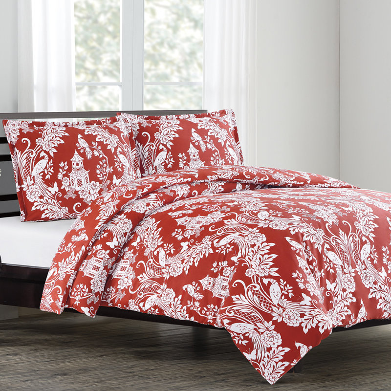 Pagoda Traditional Cotton Sateen Floral Duvet Cover, King Duvet Cover + 2 Shams, Cinnabar